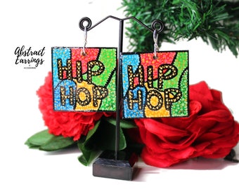 Square Hip Hop Word Earrings - Unique Hand Painted Earrings - Hiphop Music Culture Celebration - Colorful Wooden Art Jewelry