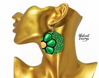 Abstract Green Flower Earrings, Hand Painted Wooden Dangles