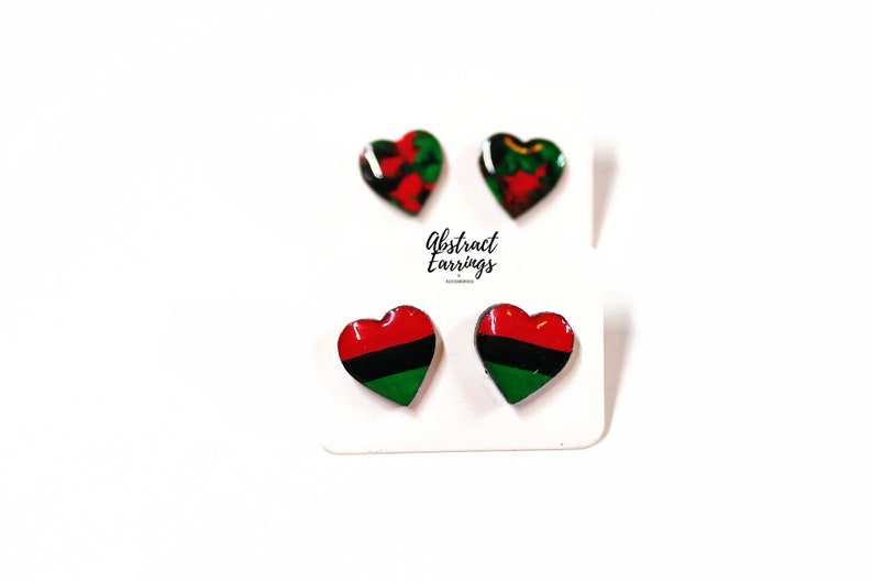 Pan African Stud Heart Earrings - 2 Pairs Earring Set - Wooden Studs - Hypoallergenic Stainless Steel Post - Valentines Day Gift - Black History Month