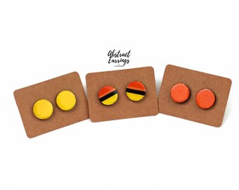 Yellow Orange Studs, Abstract Art, Hand Painted Wooden Earrings, Titanium Posts (3 Pairs)