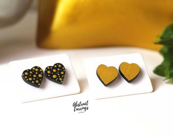 Polka Dot Heart Stud Earrings - Valentines Day Gift - Painted Metallic Gold & Black - 2 Pairs Earring Set - 10mm Hypoallergenic Post Studs