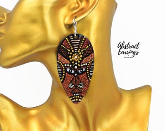 Brown Tribal African Mask Earrings : Hand-Painted Wooden Dangles