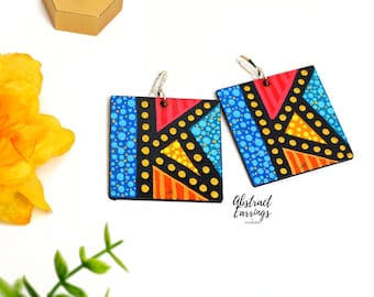Square Colorful Abstract Earrings - Hand Painted Art Jewelry - Lightweight Wooden Dangles - Afrocentric Statement Earrings - Gift for Her