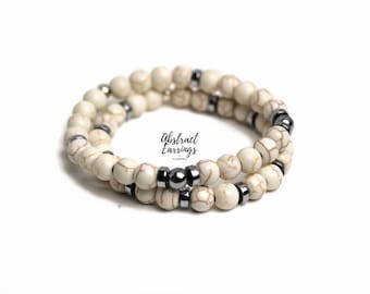 2 White Howlite Turquoise & Hematite Bracelets - Gemstone Beaded Stretch Band Wrist-wear