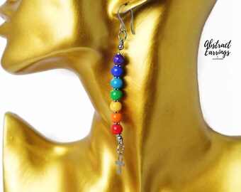 7 Chakra Bead Ankh Earrings: Hand Painted Long Wooden Dangles