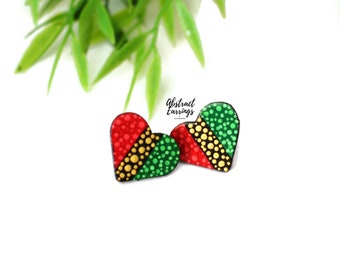 0.75 inch African Heart Studs - Large Heart Stud Earrings - Hand Painted Wooden Studs - Unique Afrocentric Earrings - Pan African Flag Studs