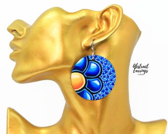 Abstract Blue Flower Art Earrings, Hand Painted Wooden Dangles, Original Pointilism Artwork