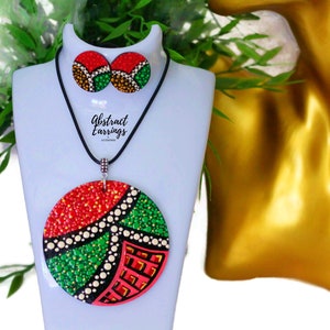 Hand Painted Wood Jewelry Set, Abstract Post Earrings & Pendant Necklace - Abstract African Art Jewelry Set - Wooden Large Studs and Charm