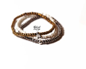 Men's 4mm Seed Bead Bracelet Set - Hand Beaded Trio 3 Stack Accent Bracelets