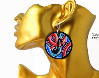 Original Art Music Note Earrings : Colorful Hand Painted Abstract Earrings