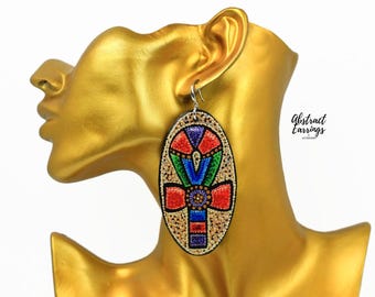 Unique Colorful Ankh Art Earrings - Long Hand Painted Wooden Dangles