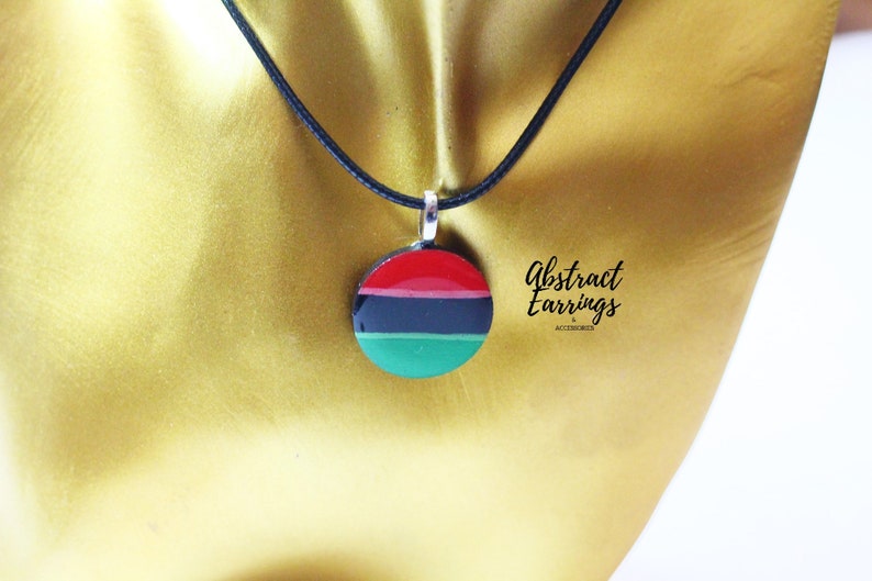 Pan African Flag Pendant Necklace - Unisex Afrocentric Charm -  Wooden Resin Art Charm - Gift for Him Her - Juneteenth Celebration Fashion by Abstract Earrings & Accessories