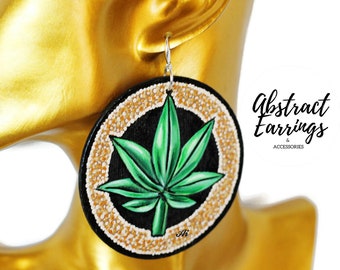 Marijuana Pot Leaf Earrings, Hand Painted Cannabis Artwork - Ladies 420 Day Present - Custom Weed Smoker Gift - Psychedelic Stoner Earrings