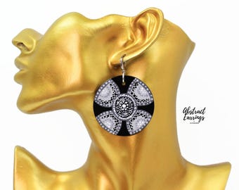Hand Painted Black Mandala Earrings: Abstract Art Pointillism Wooden Dangles - Star Flower Art Jewelry