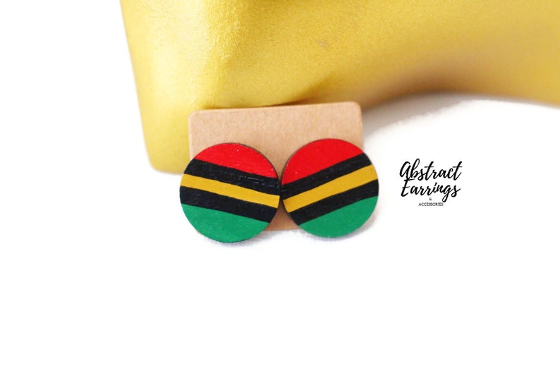 2 Pairs Pan African Studs - Stud Earring Gift Set - Large Wooden Studs - Unisex Studs For Men Women - Circle Hand Painted Earrings