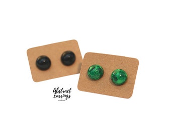 2 Pair Green Black Studs - Half Ball Earrings, Wooden Handmade Studs, Abstract Art Earrings, Hypoallergenic Post, Unique Earring Gift Set