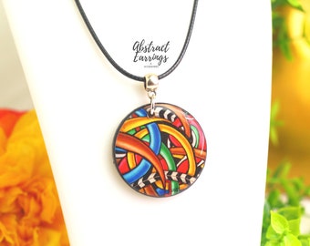 Abstract Art Pendant Necklace - Wood Decoupage Resin Charm - Colorful Original Wearable Artwork - Hip Hop Graffiti Fashion - Clearance Sale