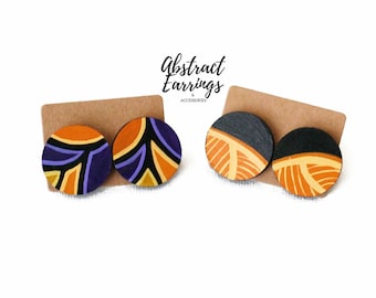 2 Pairs Abstract Art Studs - Flat Circle Earrings - Unique Art Earrings - Large Round Wooden Studs - Unisex Jewelry Gift Set - Orange Studs