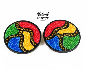 Colorful Abstract Art Post Earrings - Large Wooden Studs - 2 inches, Hypoallergenic