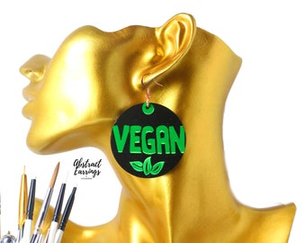 Vegan Word Art Earrings - Gift for Vegans - Hand Painted Wood Earrings - Vegan Statement Jewelry - Green Leaf Earrings