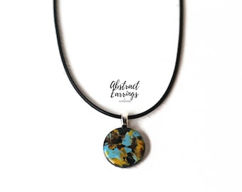 Hand Painted Abstract Art Necklace: Earth Tone Resin Charm, Wooden Pendant