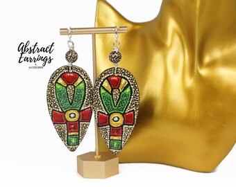 Afrocentric Ankh Bead Earrings - Hand Painted Long Wooden Dangles
