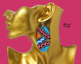 Funky Bold Abstract Earrings - Colorful Pop Art - Long Oval Wooden Dangles - Unique Hand Painted Jewelry - Wearable Art Fashion Accessories