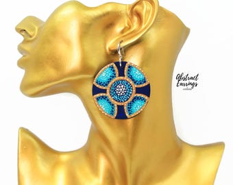 Hand Painted Navy Blue Mandala Earrings: Abstract Art Circle Dangles - Pointillism Dot Artwork - Wooden Star Flower Jewelry