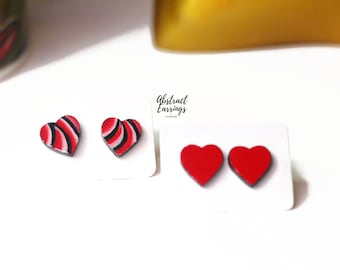 Red Heart Art Stud Earrings - Unique Valentines Day Gift - Hand Painted Abstract Studs - 2 Pairs Earring Set 10mm Size Hypoallergenic Studs