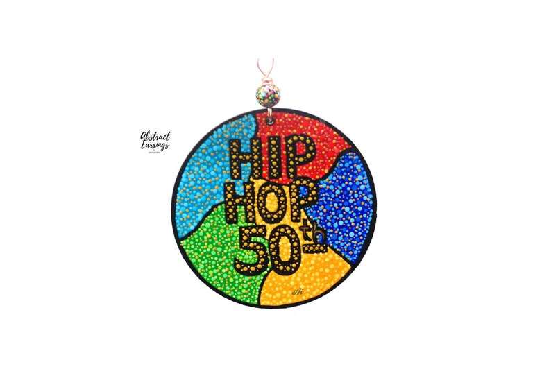 Wooden Hip Hop 50th Anniversary Art - Hand Painted Accent Sign - 5 inches DIY Ornament Accent - Abstract Colorful Decoration - Hiphop Music Celebration - Pointillism Dot Art Painting