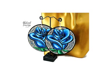 Blue Rose Earrings: Hand-Painted Cubism Art, Sterling Silver
