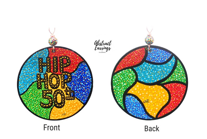 Wooden Hip Hop 50th Anniversary Art - Hand Painted Accent Sign - 5 inches DIY Ornament Accent - Abstract Colorful Decoration - Hiphop Music Celebration - Pointillism Dot Art Painting