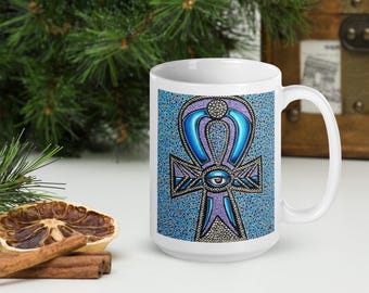 Ankh Coffee Mug: Original Art Ceramic Cup - Ancient Egyptian - African Reiki Herbal Teacup