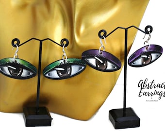 Sexy Eye Art Earrings - Short Wooden Dangles - Unique Evil Eye Earrings - Custom Hand Painted Jewelry - Unique Artsy Earrings - Gift for Her