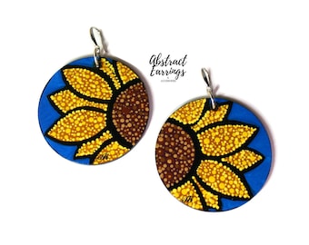 Blue Sunflower Art Earrings - Hand Painted Flower Dangles - Unique Floral Jewelry - Wooden Nature Earrings - Cropped Pointillism Dot Artwork