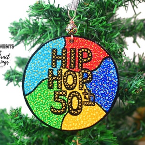 Wooden Hip Hop 50th Anniversary Art - Hand Painted Accent Sign - 5 inches DIY Ornament Accent - Abstract Colorful Decoration - Hiphop Music Celebration - Pointillism Dot Art Painting