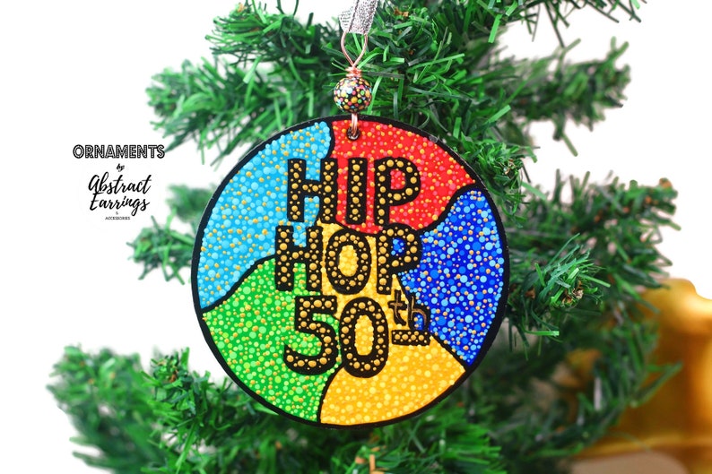 Wooden Hip Hop 50th Anniversary Art - Hand Painted Accent Sign - 5 inches DIY Ornament Accent - Abstract Colorful Decoration - Hiphop Music Celebration - Pointillism Dot Art Painting