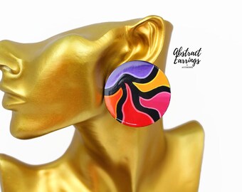 Abstract Art Post Earrings - Large Circle Wooden Studs - 2 inches, Hypoallergenic