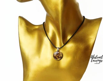 Hand Painted Abstract Necklace: Brown Mustard Resin Pendant, Vegan Leather Cord