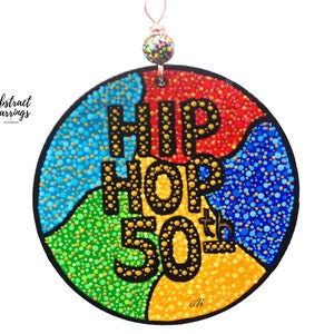 Wooden Hip Hop 50th Anniversary Art - Hand Painted Accent Sign - 5 inches DIY Ornament Accent - Abstract Colorful Decoration - Hiphop Music Celebration - Pointillism Dot Art Painting