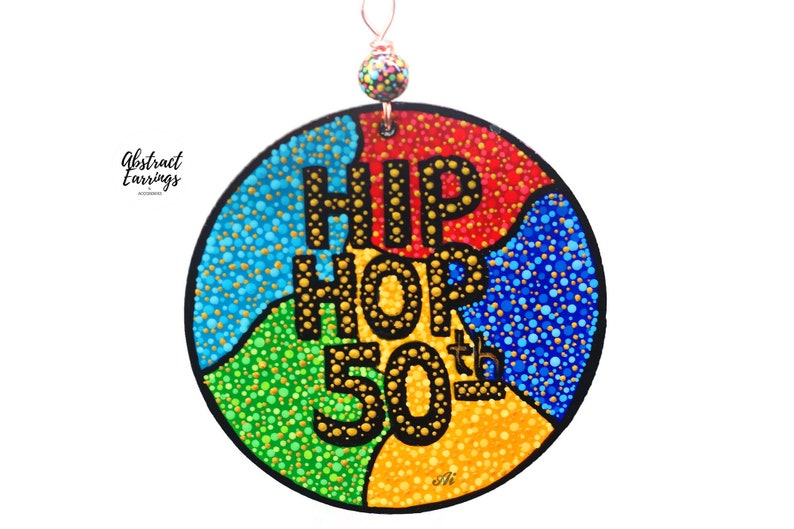 Wooden Hip Hop 50th Anniversary Art - Hand Painted Accent Sign - 5 inches DIY Ornament Accent - Abstract Colorful Decoration - Hiphop Music Celebration - Pointillism Dot Art Painting