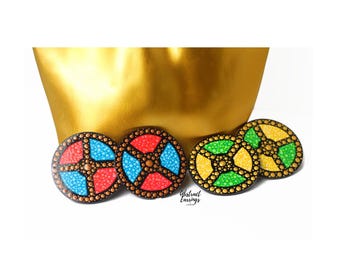 Hand Painted Abstract Wooden Earrings, Colorful Geometric Studs, Hypoallergenic