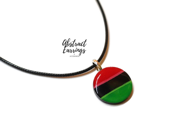 Pan African Flag Pendant Necklace - Unisex Afrocentric Charm -  Wooden Resin Art Charm - Gift for Him Her - Juneteenth Celebration Fashion by Abstract Earrings & Accessories