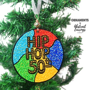 Wooden Hip Hop 50th Anniversary Art - Hand Painted Accent Sign - 5 inches DIY Ornament Accent - Abstract Colorful Decoration - Hiphop Music Celebration - Pointillism Dot Art Painting