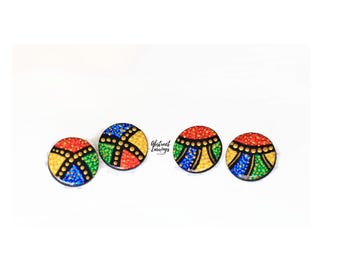 Hand Painted Colorful Earrings, Resin Stud Post Earrings, Large Wooden Studs, Abstract Pointillism Dot Art, 2 Pairs