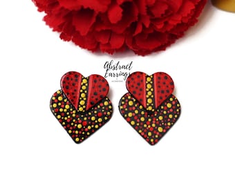 Red Heart Post Earrings, Unique Heart Stud Earrings - Artsy Love Earrings, Wooden Handmade Studs, 5th Anniversary Gift Idea Under 20