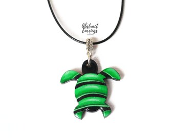 Green Turtle Pendant Necklace: Hand Painted Resin Wooden Charm - Original Art Fashion Accessory