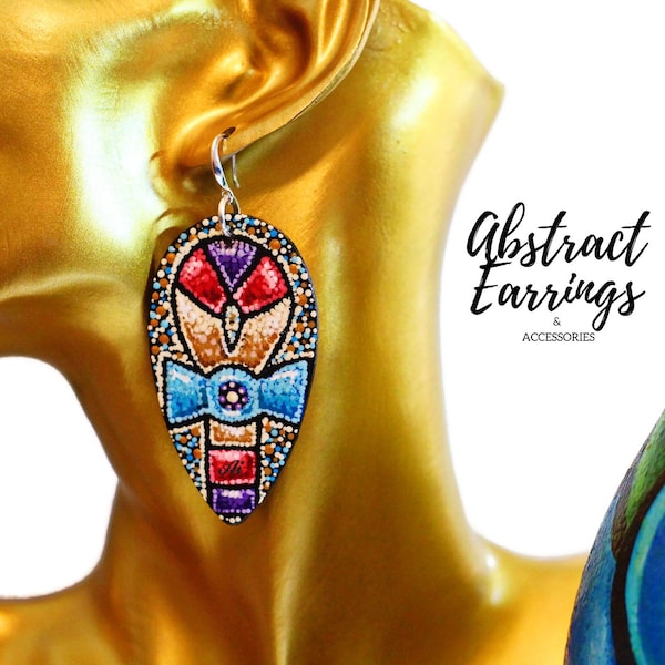 Colorful Wooden Ankh Earrings - Ancient Egyptian Cross - Metaphysical Art Jewelry - Hand Painted Dangles - Kemetic Hieroglypic Symbol Ma'at