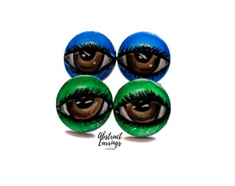 Hand Painted Eye Stud Post Earrings: Original Art Earring Studs, 2 Pairs