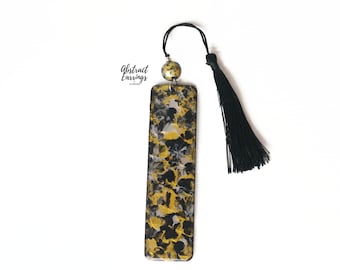 Hand Painted Wood Resin Bookmark: Celestial Black Gold Marble with Beaded Tassel